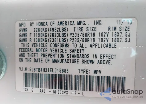 2014 Acura Rdx z USA, uszkodzony, nr VIN 5J8TB4H31EL015885